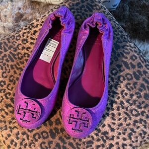 Tory Burch Purple Metallic Minnie Travel Ballet Flats, Size 8